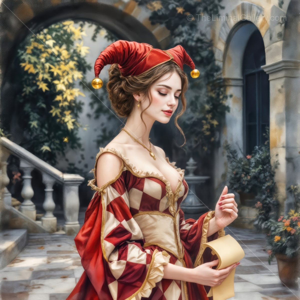 Elegant jester in vibrant costume holds a scroll in enchanting courtyard garden