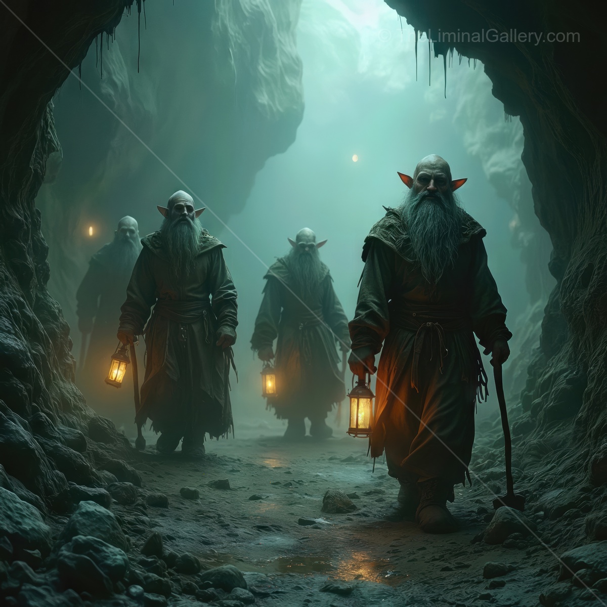 Mysterious figures with lanterns navigating through a mystical cave at twilight