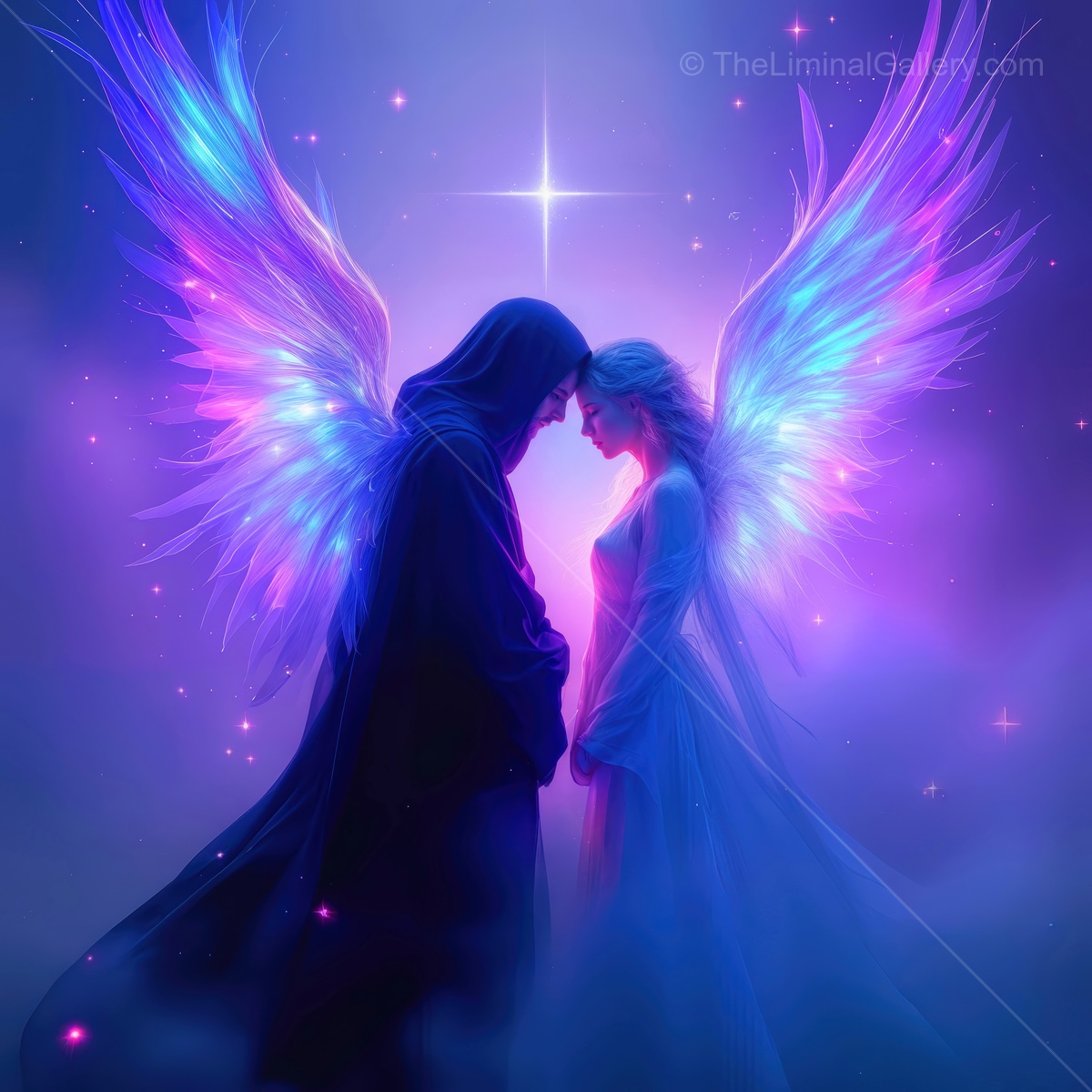 Enchanted encounter between light and shadow in a mystical realm at twilight