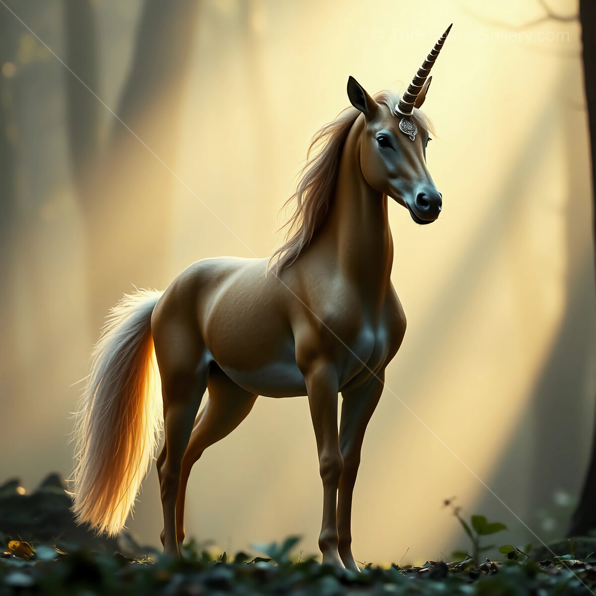 Magical unicorn stands majestically in a mystical forest illuminated by soft rays of morning light
