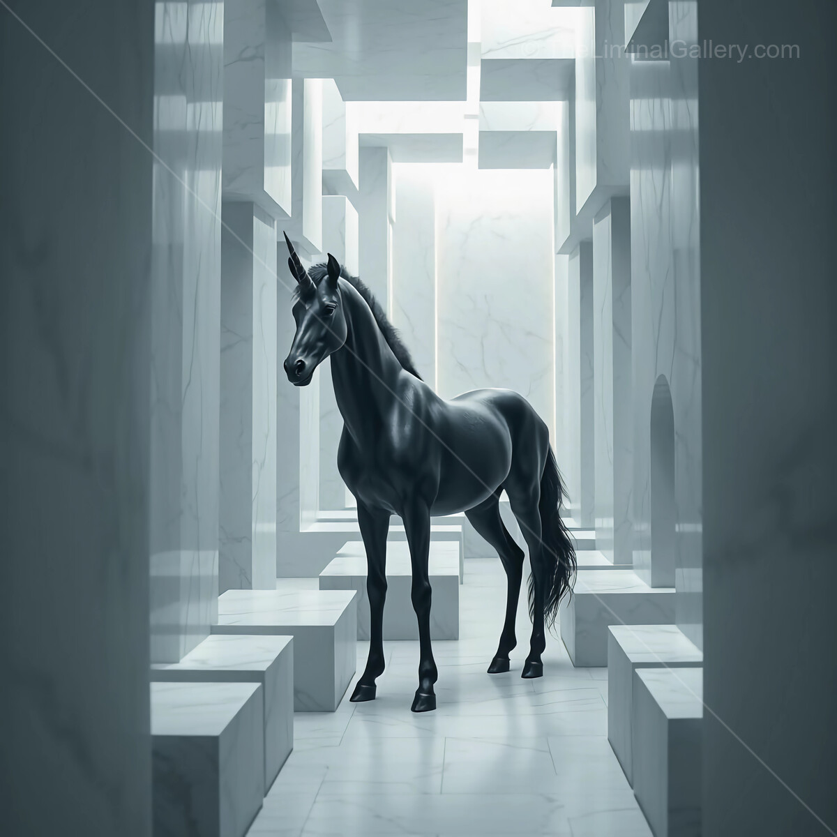 Majestic black unicorn stands proudly in an ethereal marble corridor illuminated by soft light