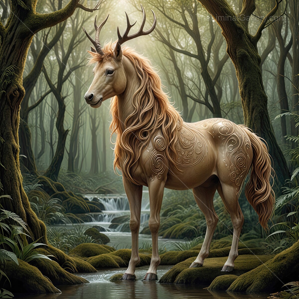 Majestic creature stands gracefully in an enchanted forest stream at dawn