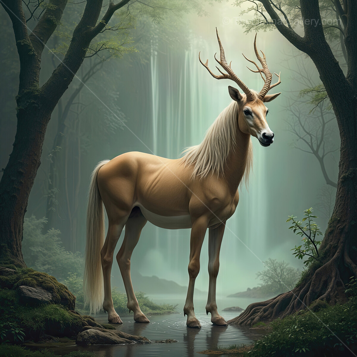 Majestic deer stands gracefully in a serene forest with cascading waterfall at dusk