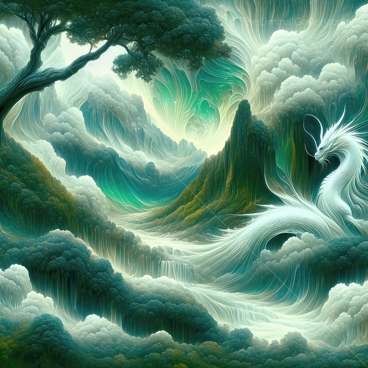 Majestic dragon dances among ethereal clouds and serene mountains at dawn, where nature and fantasy intertwine