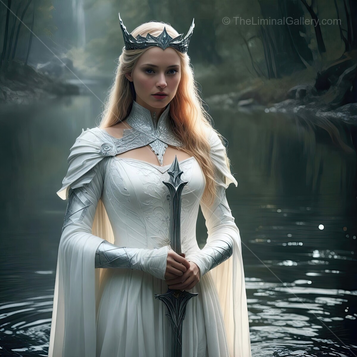 Majestic elven queen stands by a serene lake draped in mystery and elegance