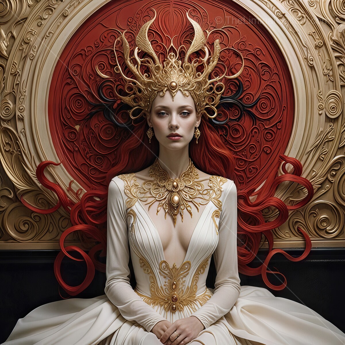 Majestic queen adorned in intricate gold and red, embodying elegance with a touch of mystique in a grand setting