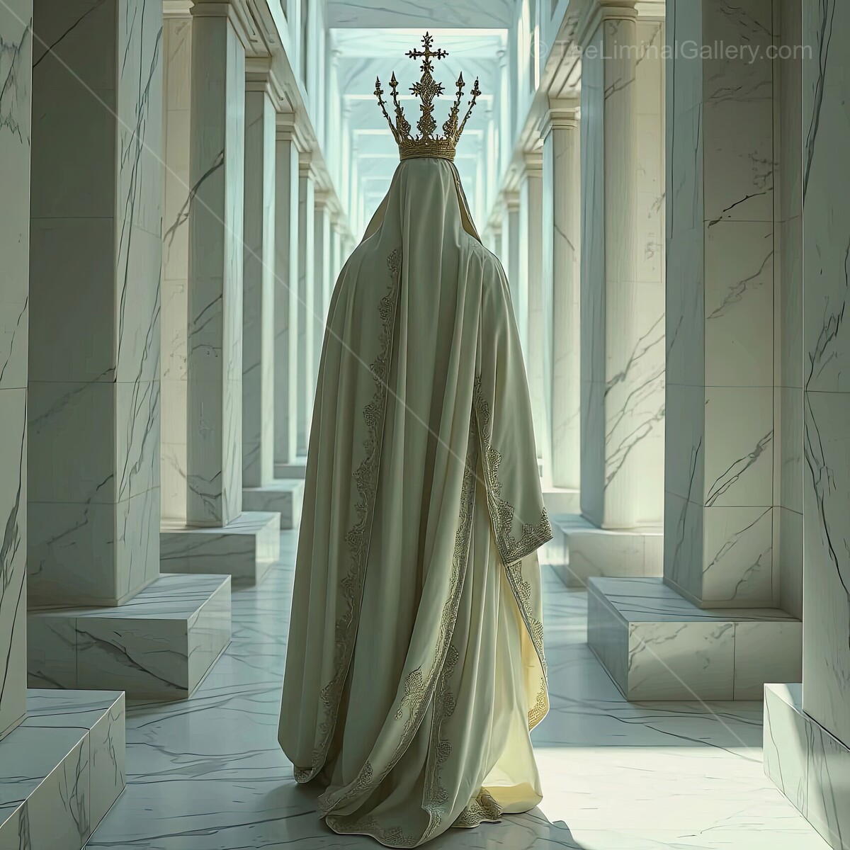 Majestic figure in regal attire stands within an elegant marble corridor at midday