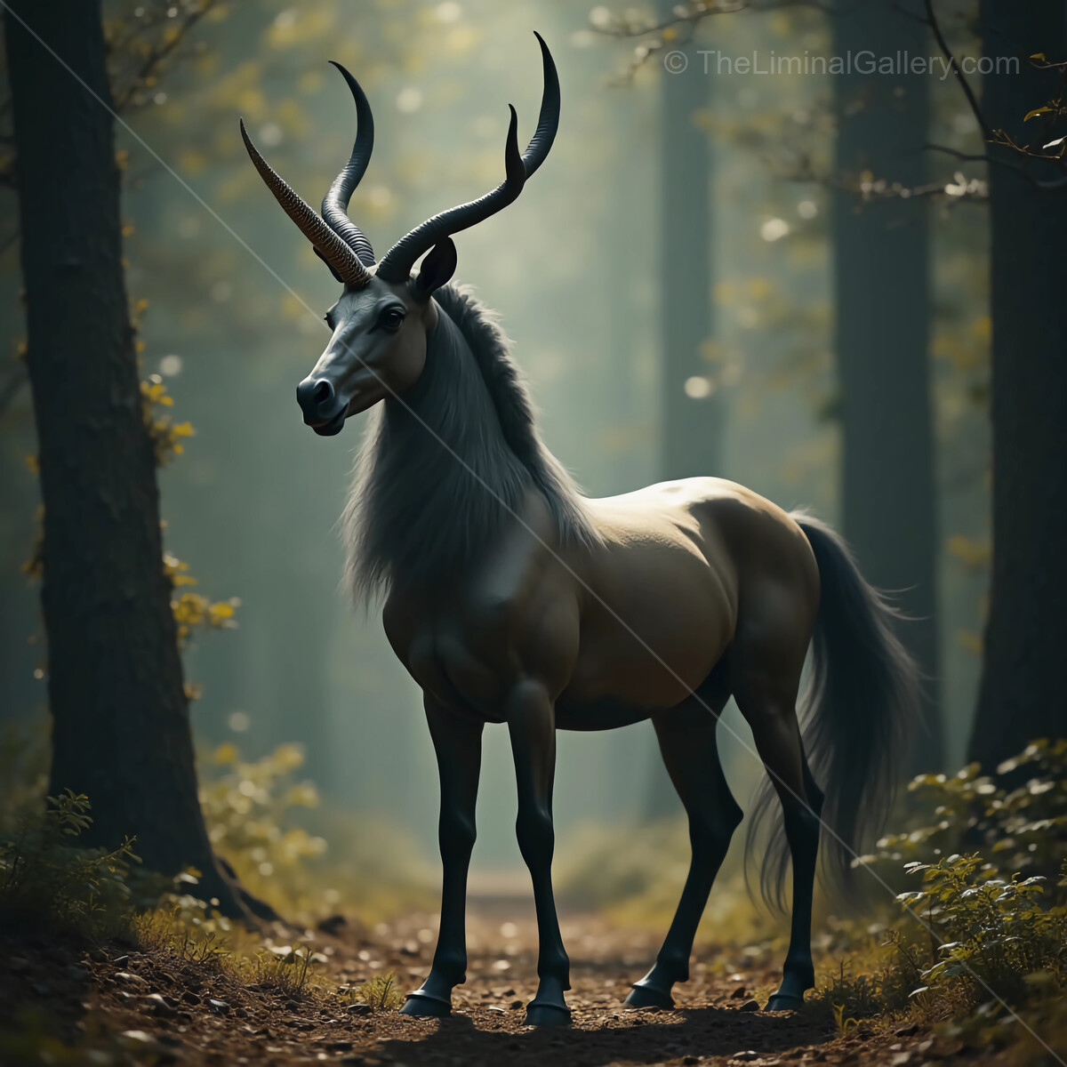 Majestic horned creature stands gracefully in an enchanting forest during early morning light