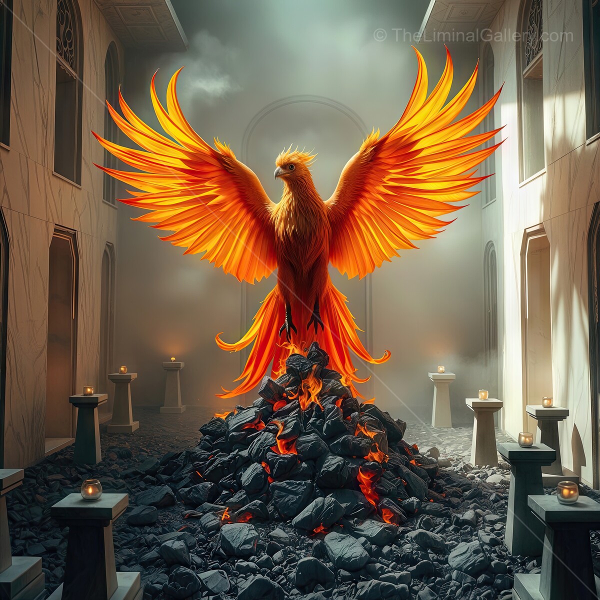 Majestic phoenix rises from lava in an ancient temple bathed in fiery light