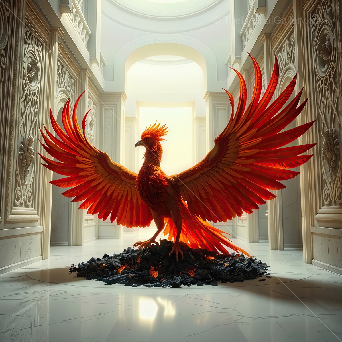 Majestic phoenix soaring in a grand hall filled with ethereal light and dark stones