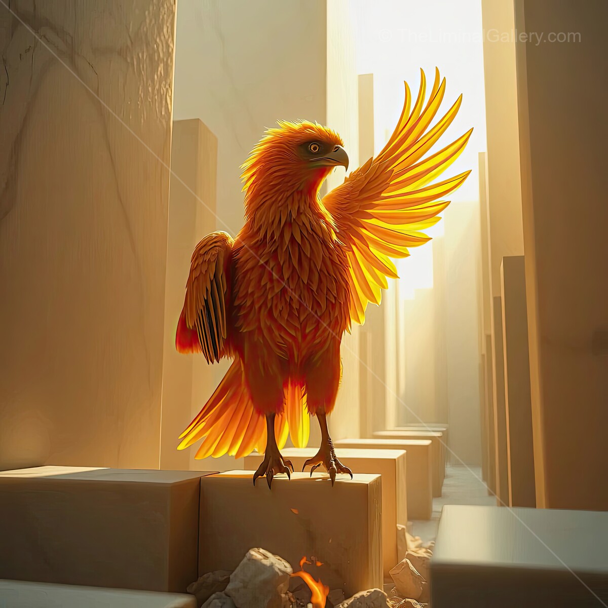 Majestic phoenix spreads its fiery wings in a mystical stone corridor at dawn