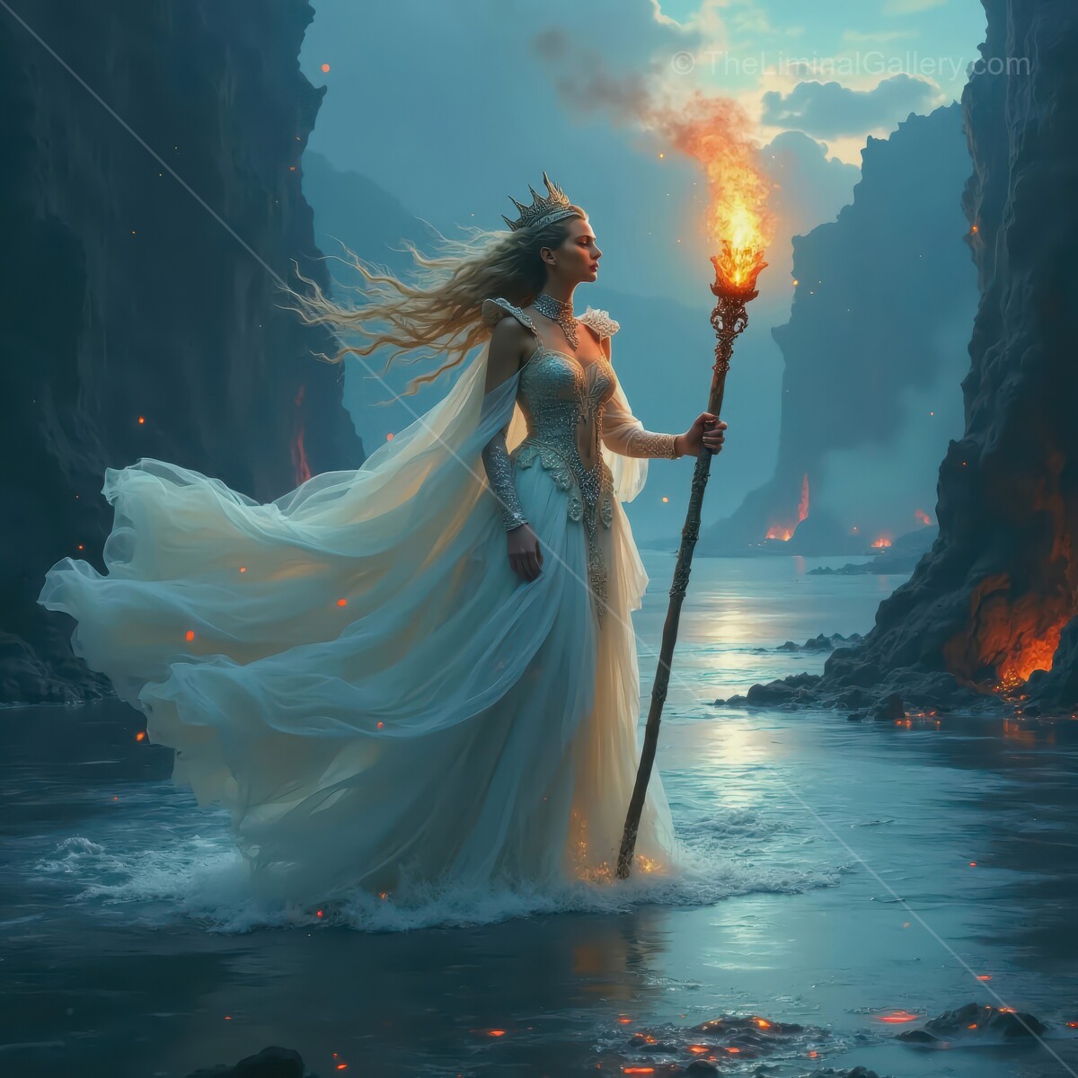 Majestic queen with a torch standing in a mystical landscape at dusk