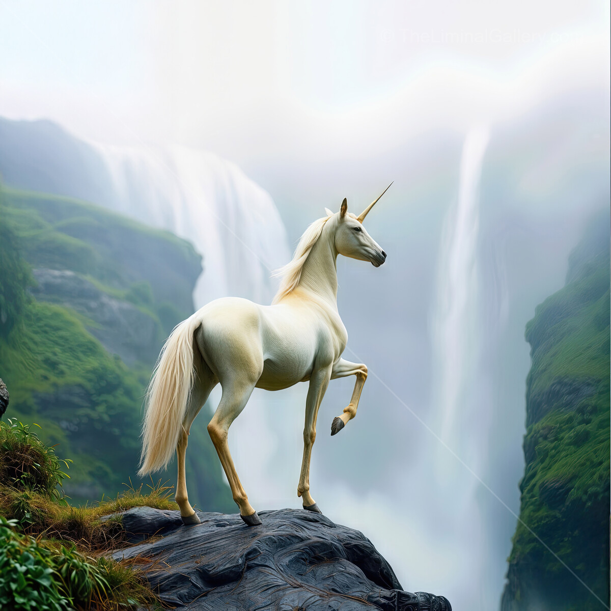 Majestic unicorn gazes at cascading waterfalls in a mystical landscape at dawn