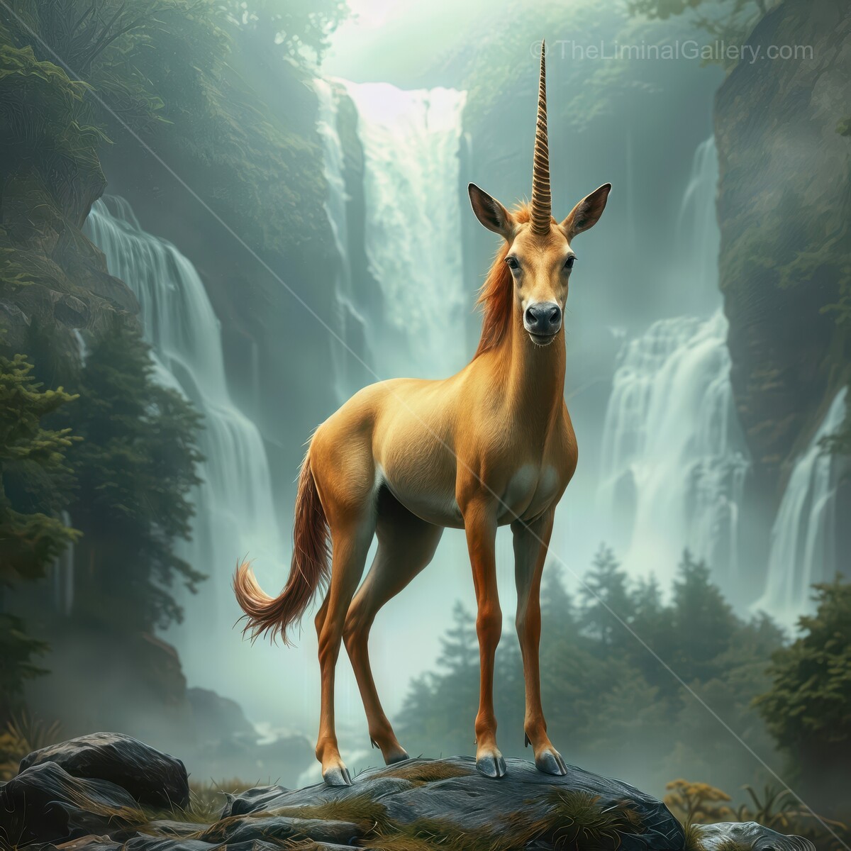 Majestic horned unicorn standing by mesmerizing cascading waterfalls in a lush forest