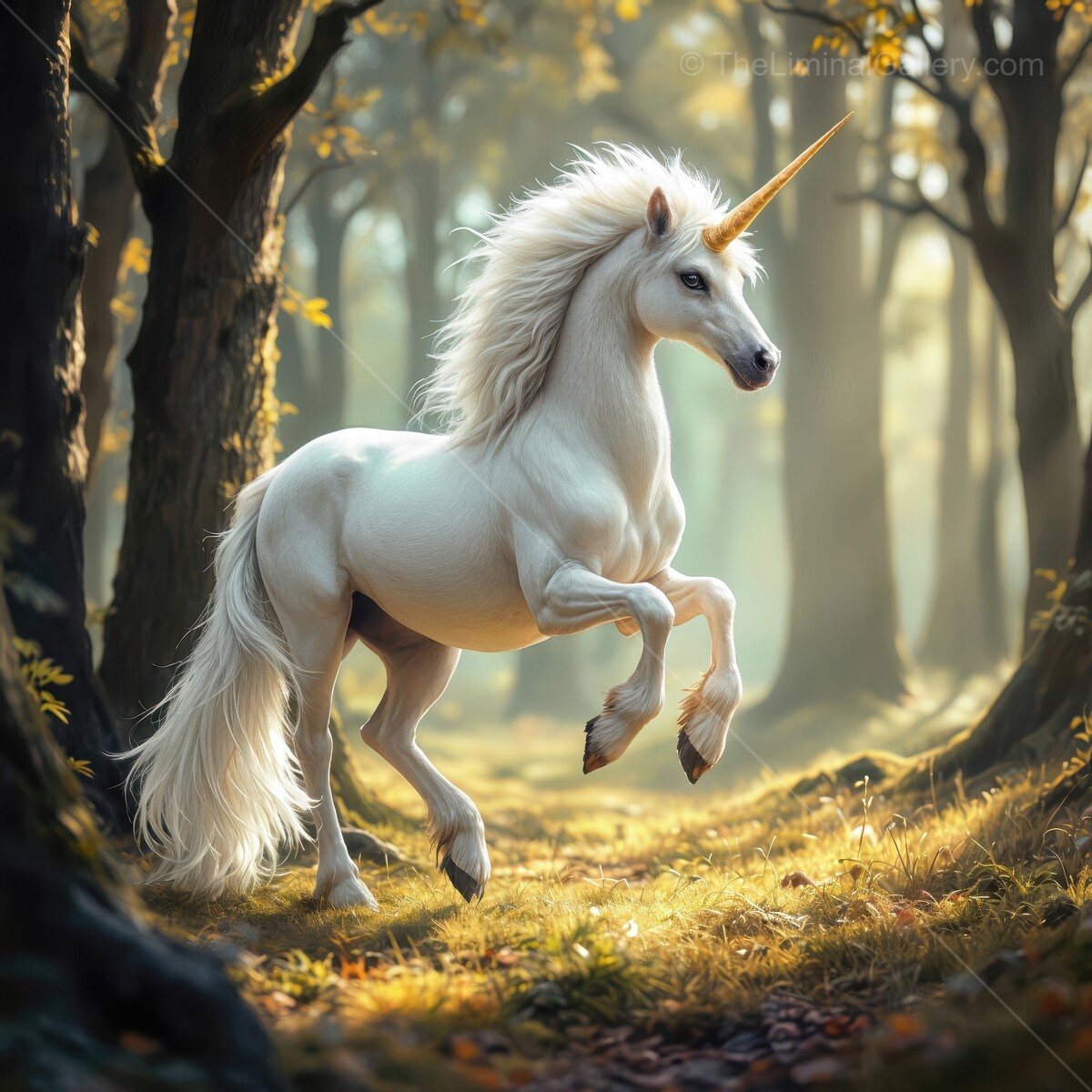 Majestic unicorn galloping through enchanting forest at dawn