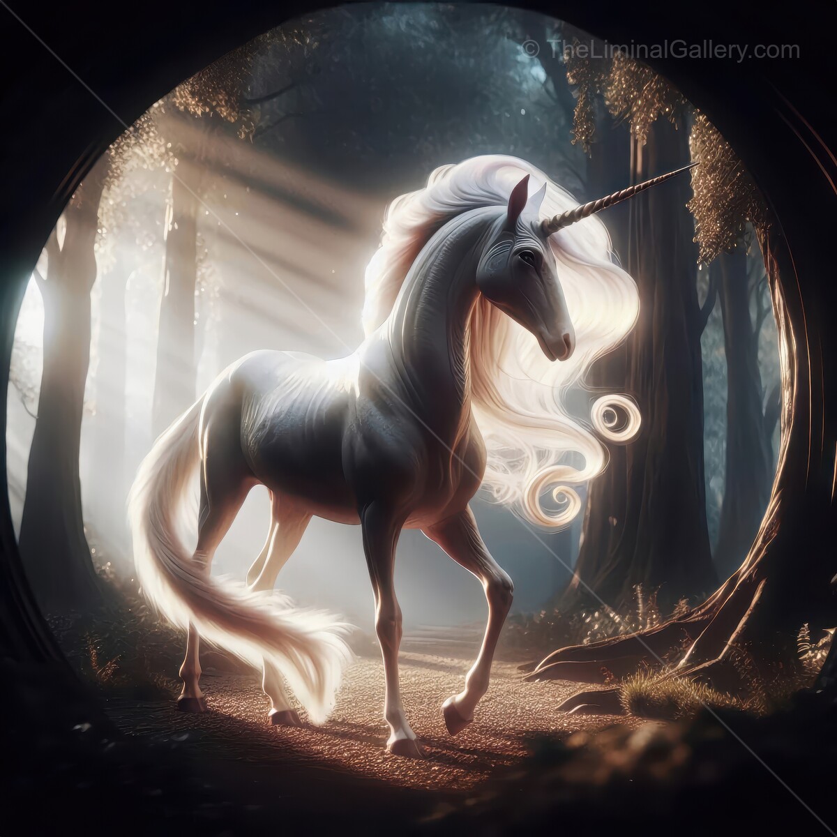 Majestic liminal unicorn walks through enchanted forest illuminated by soft rays of sunlight