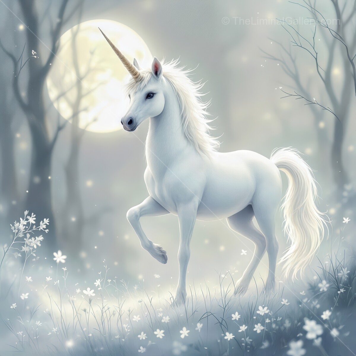 Majestic unicorn gracefully prancing under a glowing full moon in an enchanted forest at twilight