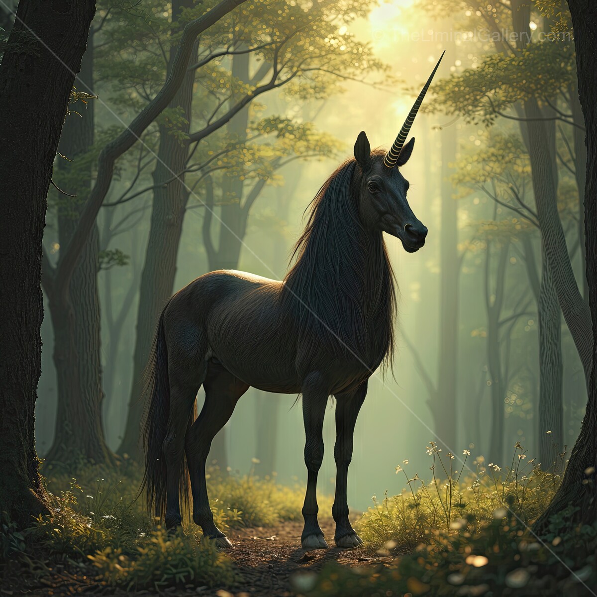 Majestic unicorn standing serenely in a mystical forest at dawn