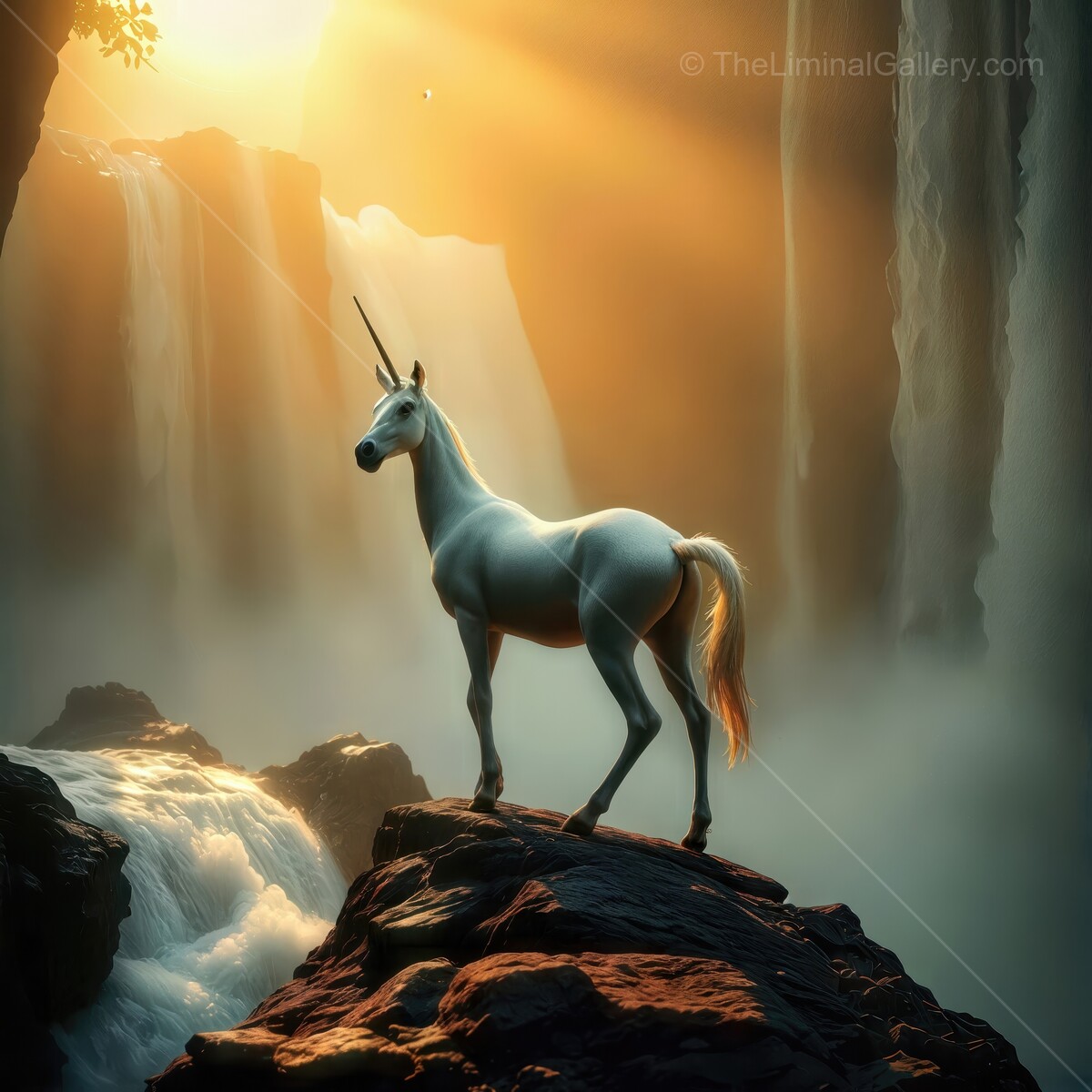 Majestic unicorn standing by a waterfall illuminated by golden sunlight in a liminal fantasy landscape