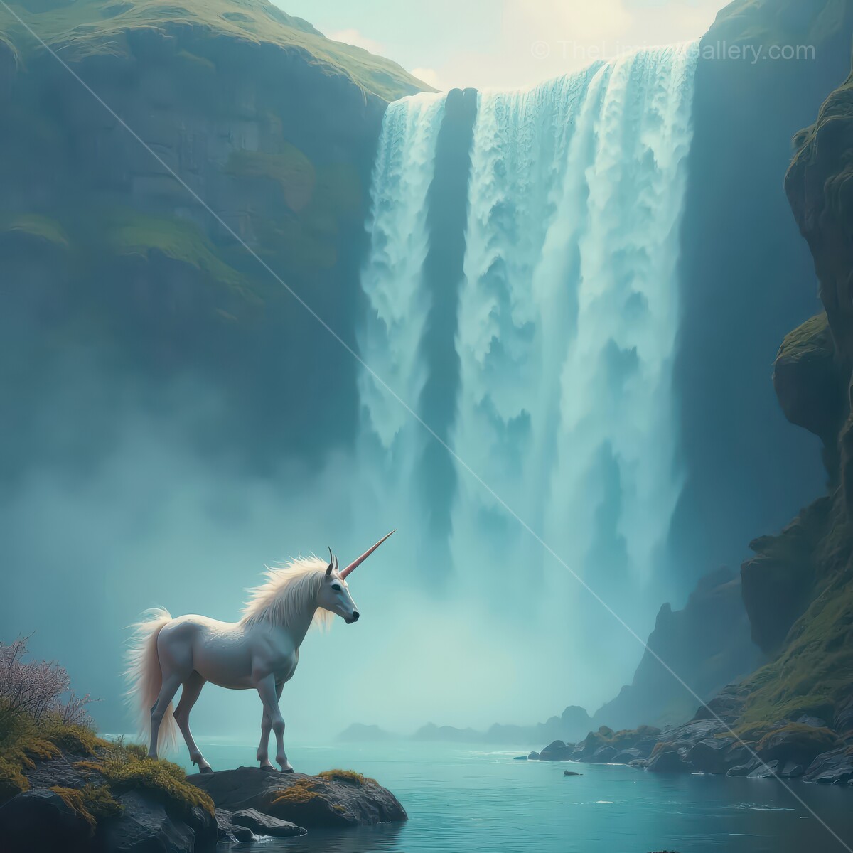 Majestic unicorn stands gracefully by a stunning waterfall in a mystical landscape at dawn