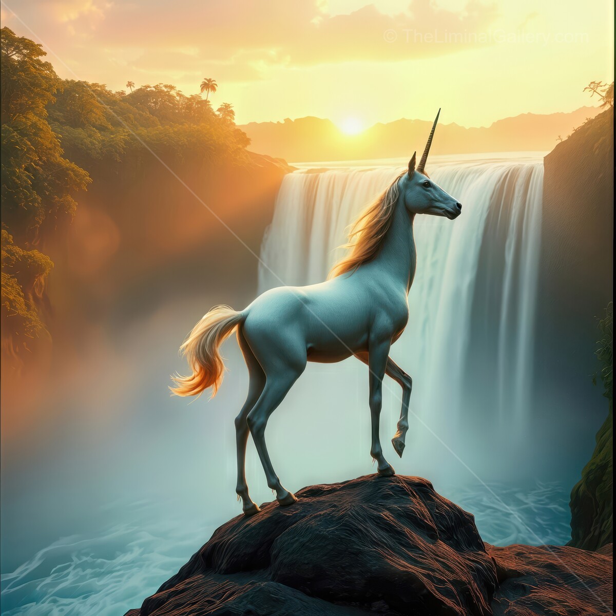 Majestic unicorn stands on rock near powerful waterfall at sunset, capturing fantasy in nature