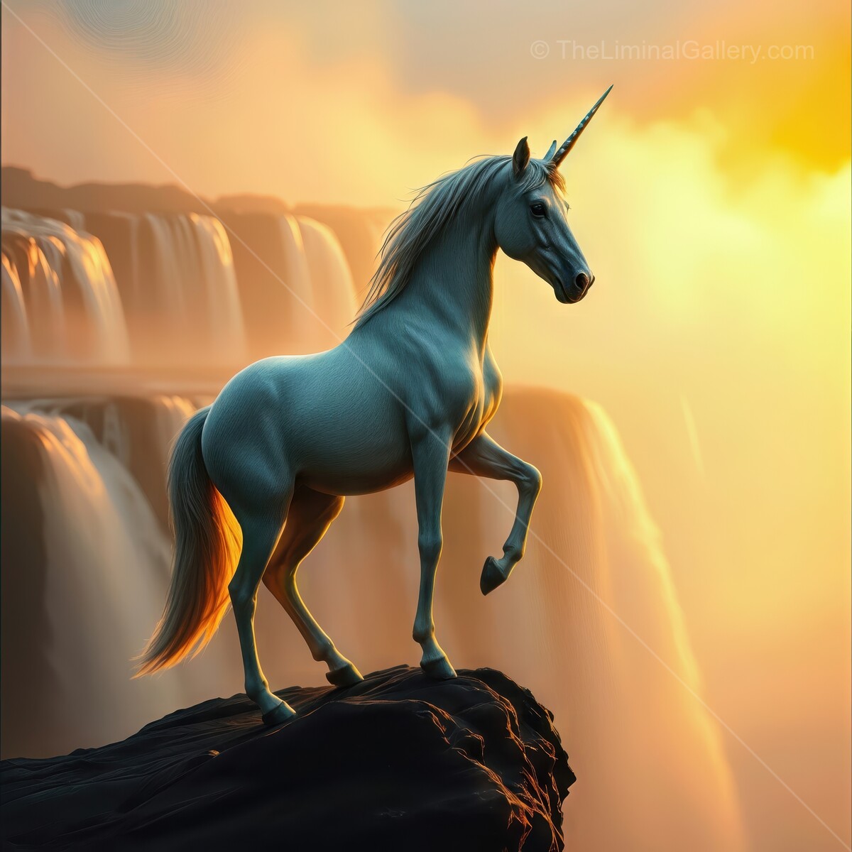 Majestic unicorn stands at the edge of a waterfall during a breathtaking sunset in a fantasy landscape