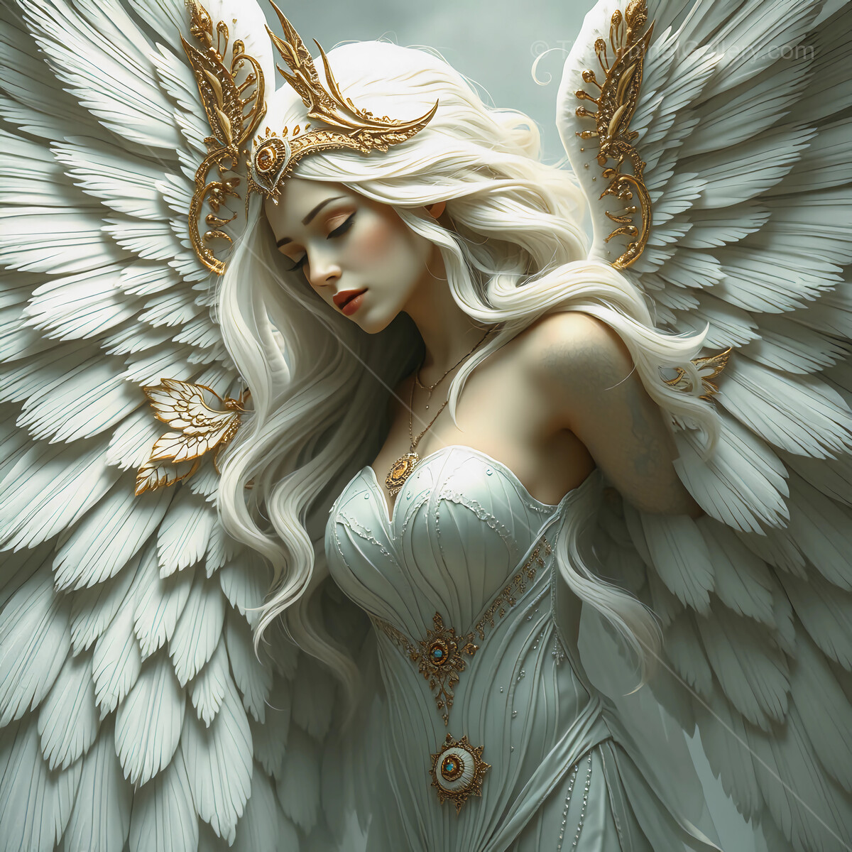 Majestic valkyrie with flowing hair and intricate wings illuminating a serene atmosphere