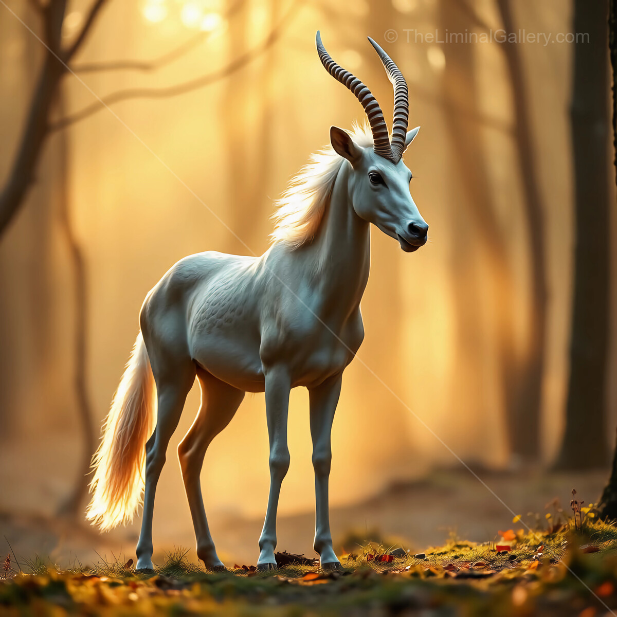 Majestic white creature stands gracefully in enchanted forest at dusk