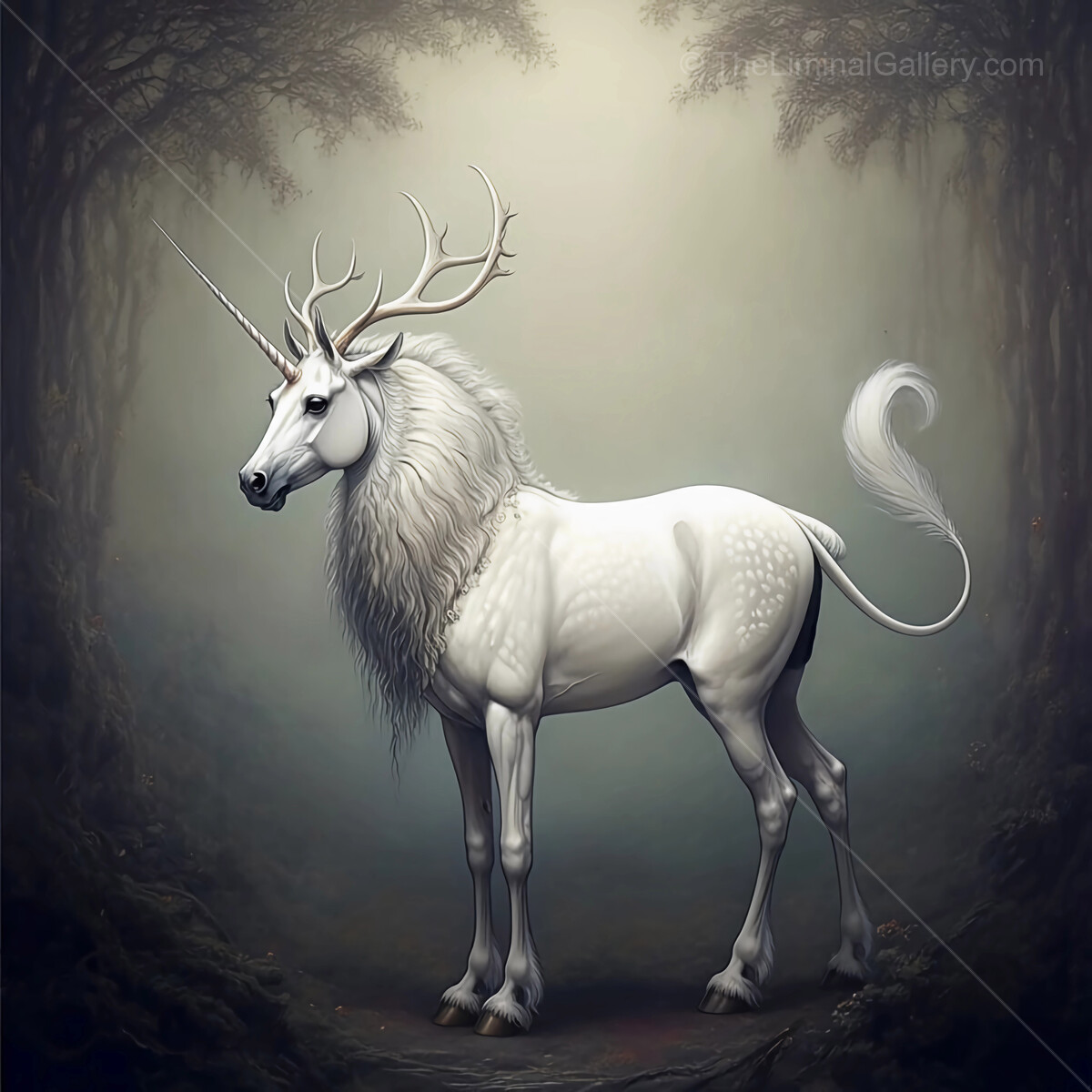 Majestic white unicorn stands in an enchanted forest bathed in soft misty light