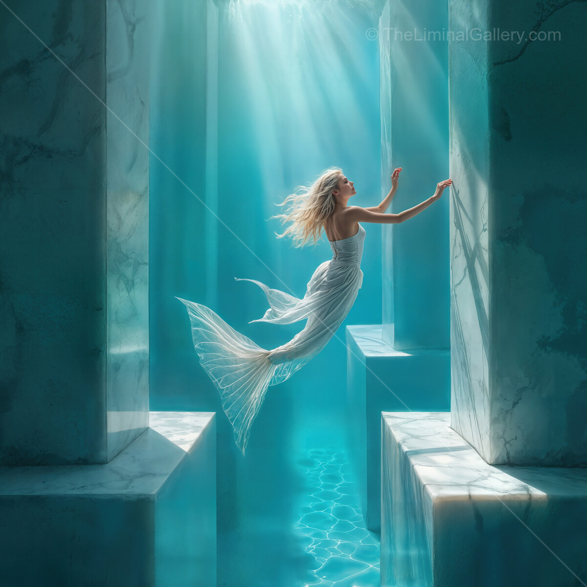 Mermaid gliding gracefully through a sunlit underwater liminal realm made of marble structures