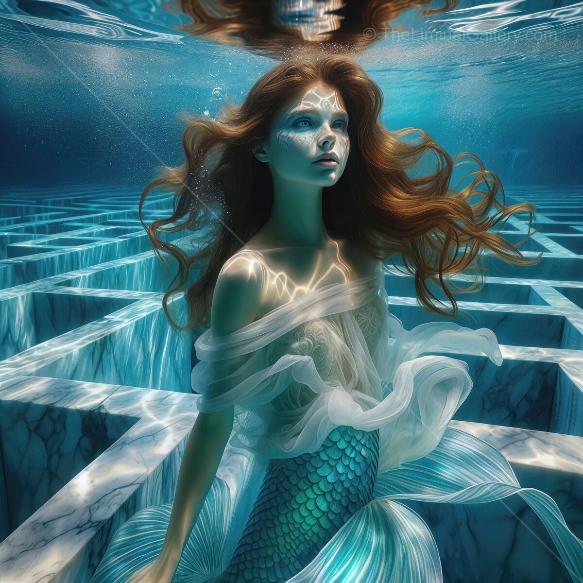 Beneath the surface, The Little Mermaid swims through a mystical underwater maze at twilight
