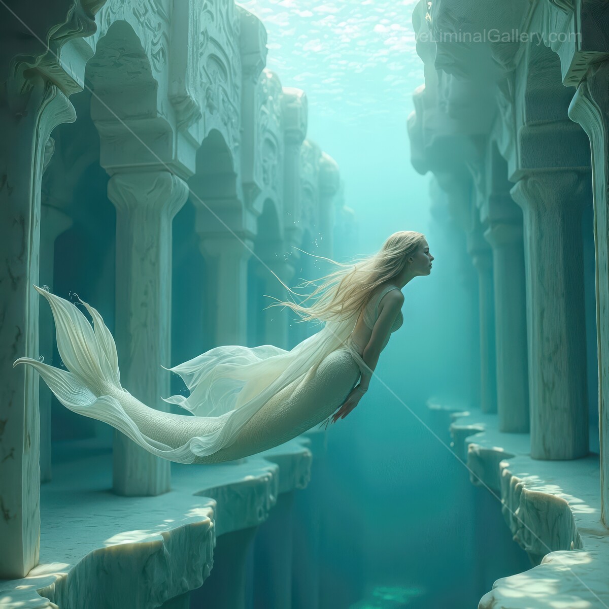 Mystical mermaid exploring ancient submerged ruins under turquoise waters