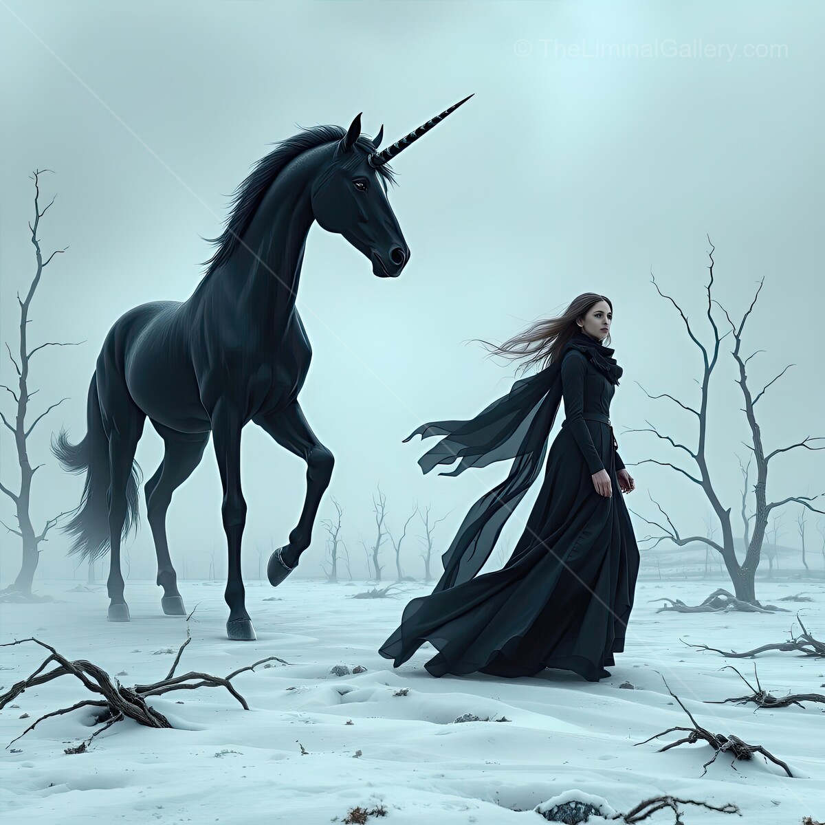 Enchanting journey through a mystical landscape with a black unicorn and a cloaked figure at twilight