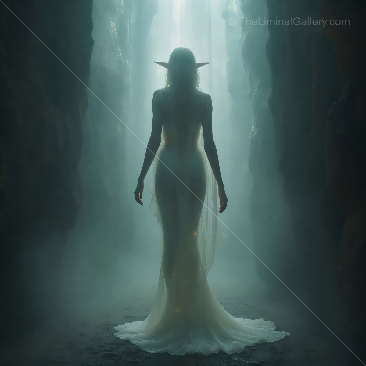 Ethereal figure walks through mystical fog in a hidden cavern at twilight