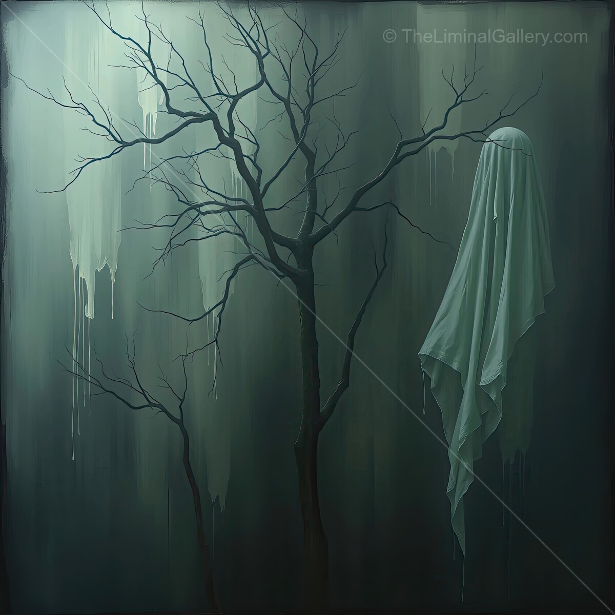 Mysterious apparition emerges from foggy forest under eerie twilight sky