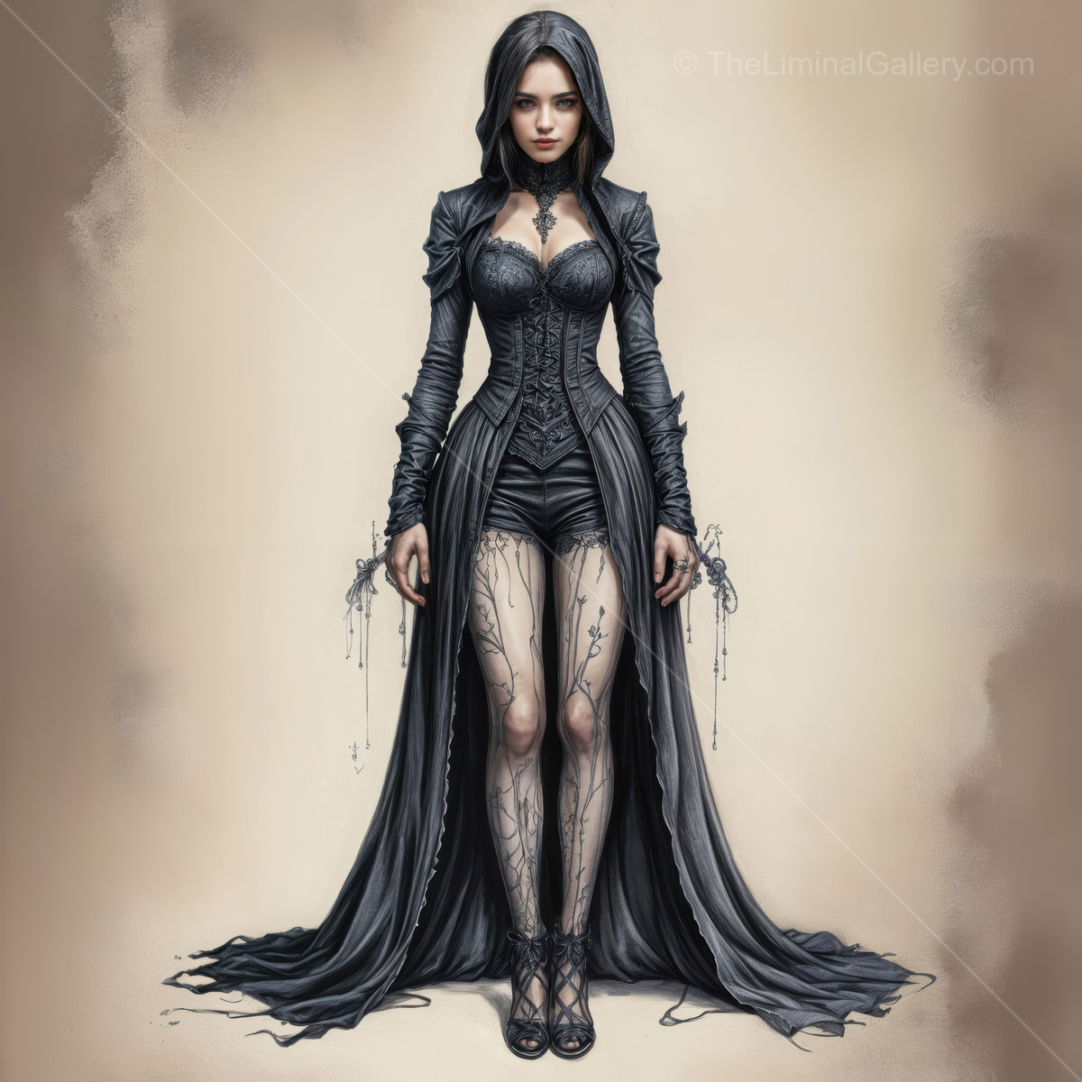 Mysterious figure in an elegant dark outfit stands confidently in a timeless setting under soft lighting