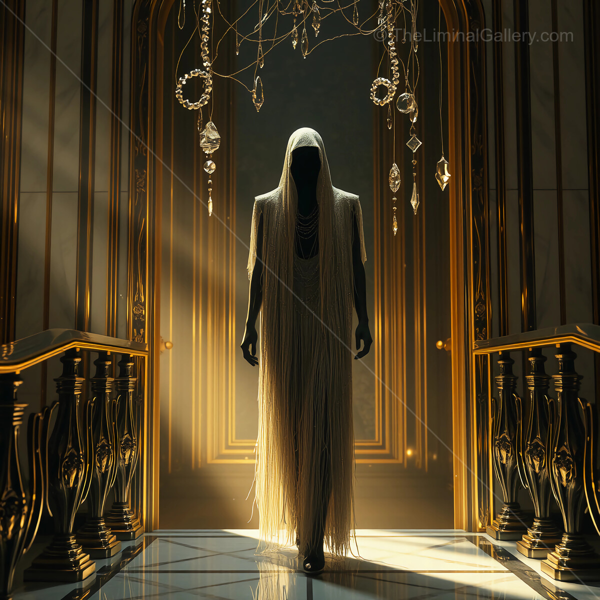 Mysterious necromancer cloaked in golden fabric stands in an opulent corridor during twilight