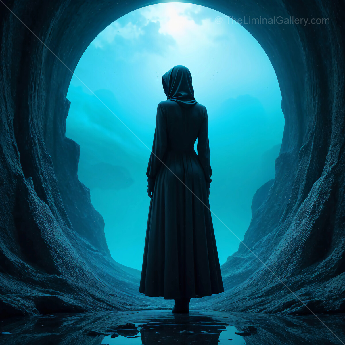 Mysterious woman gazes into the unknown depths of a surreal underwater cavern at dawn
