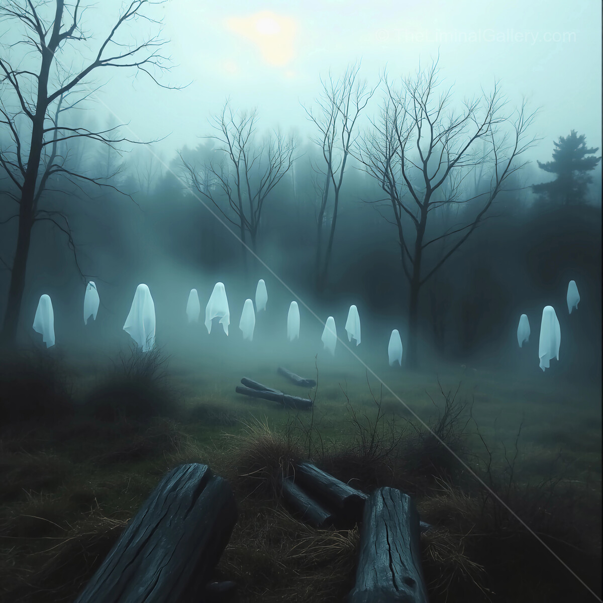 Mysterious ghosts emerge in a foggy forest during twilight hours
