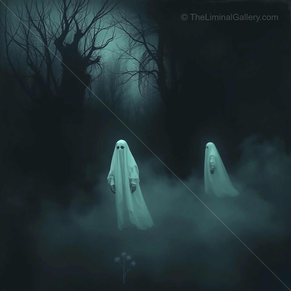 Mysterious ghosts wander through an eerie foggy forest at twilight