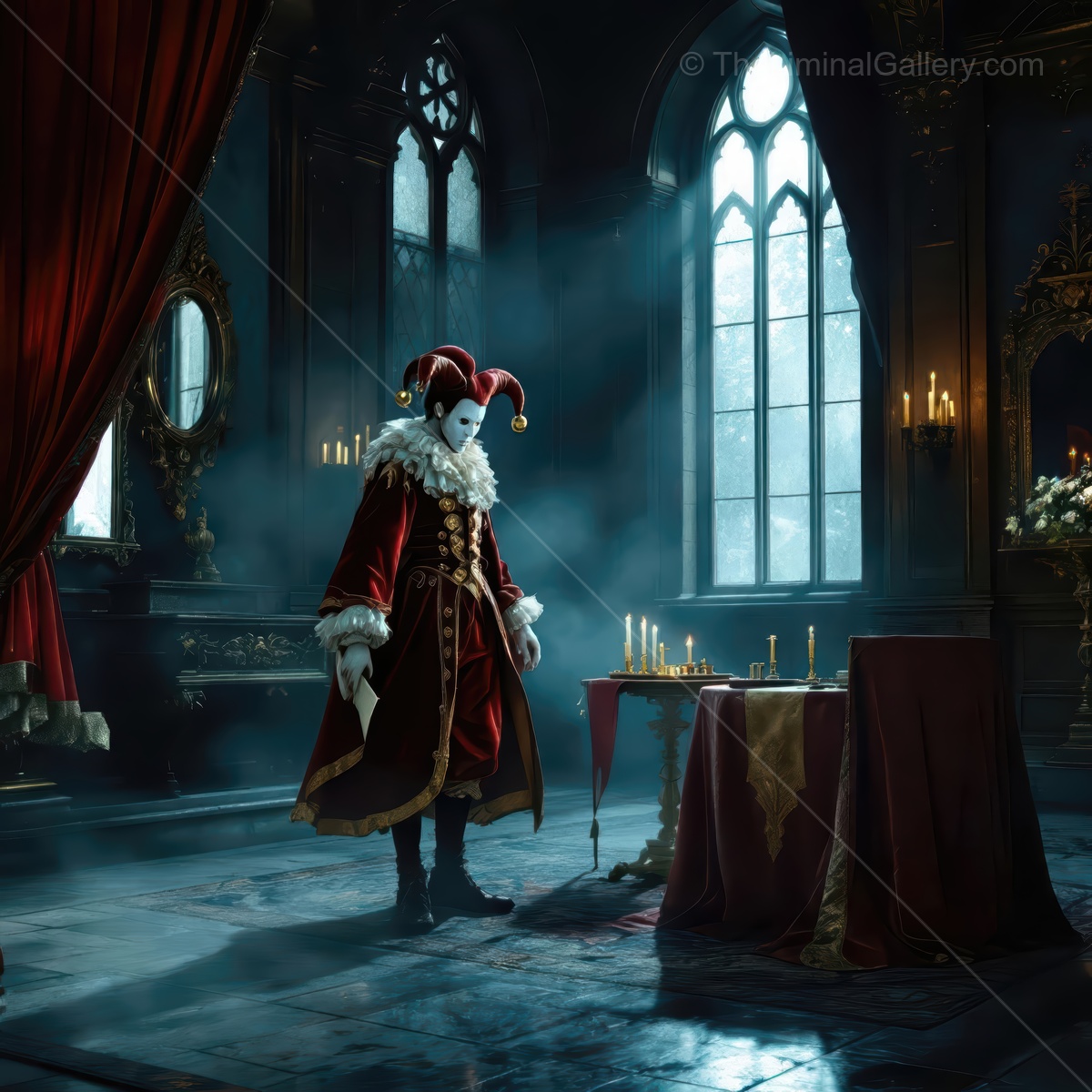 Mysterious jester in a grand, dimly lit castle with candles and shadows