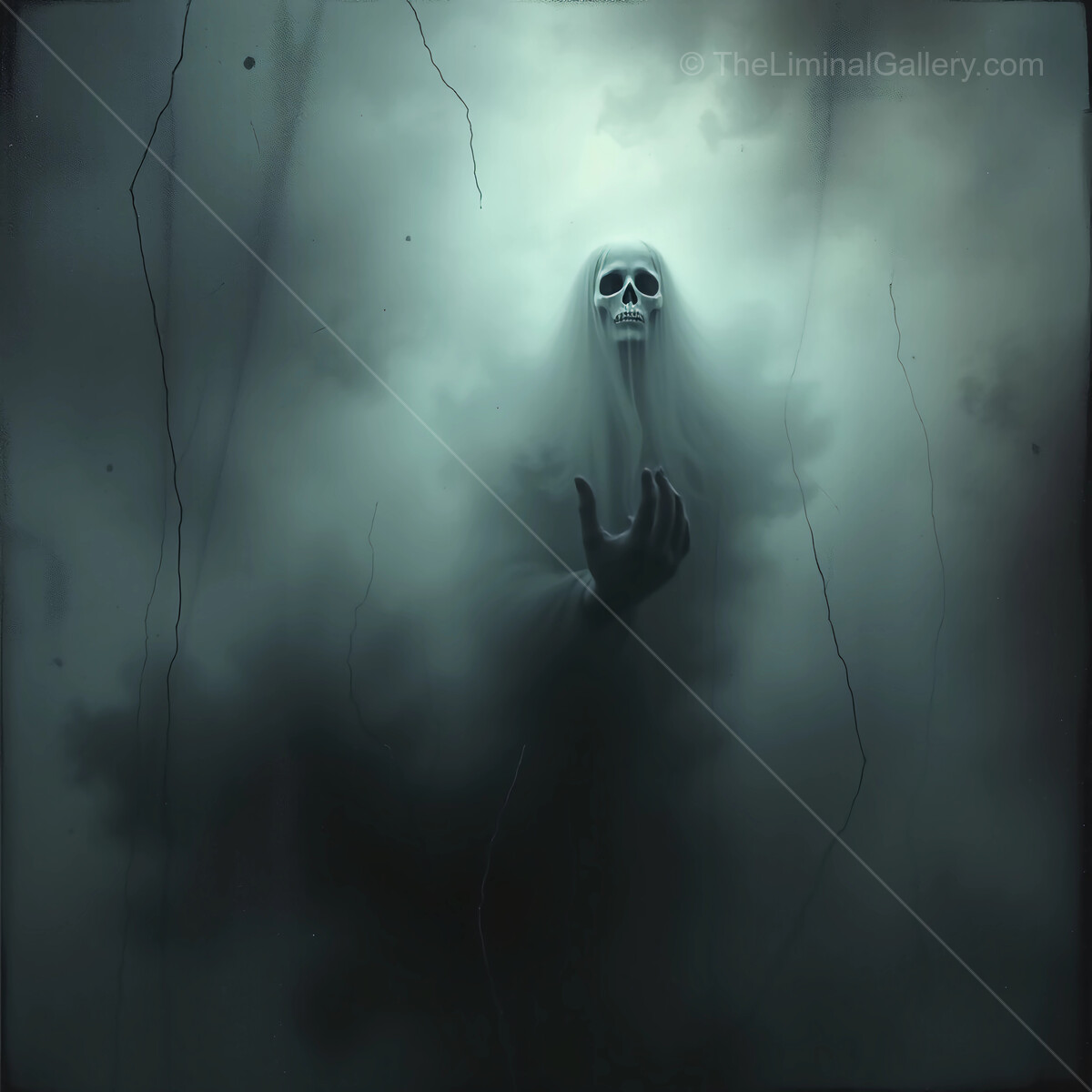 Mysterious shadowy figure emerges from swirling mist conveying an eerie presence in a haunting atmosphere