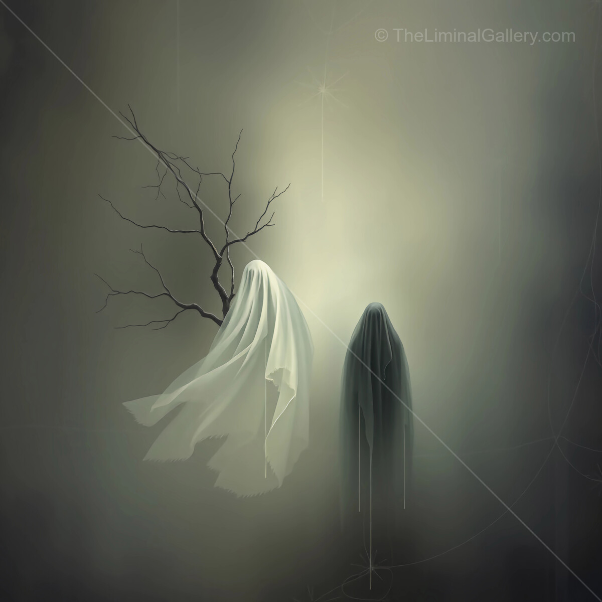 Mysterious silhouettes wander through an eerie, fog-laden landscape under a moonlit sky