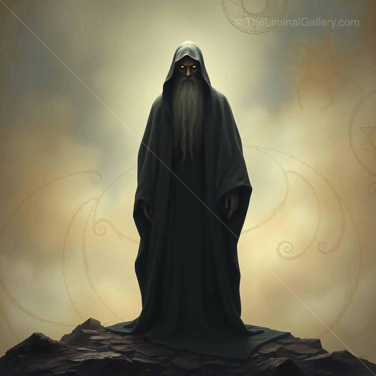 Mysterious wizard shrouded in darkness stands against a mystical, ethereal backdrop at twilight