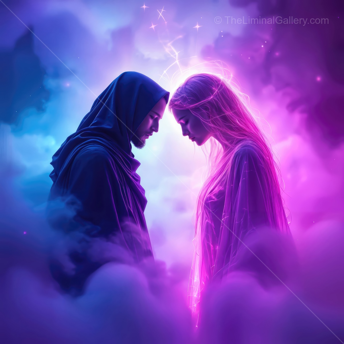 Two figures stand closely in a mystical world of vibrant colors, surrounded by ethereal mist and sparks of light