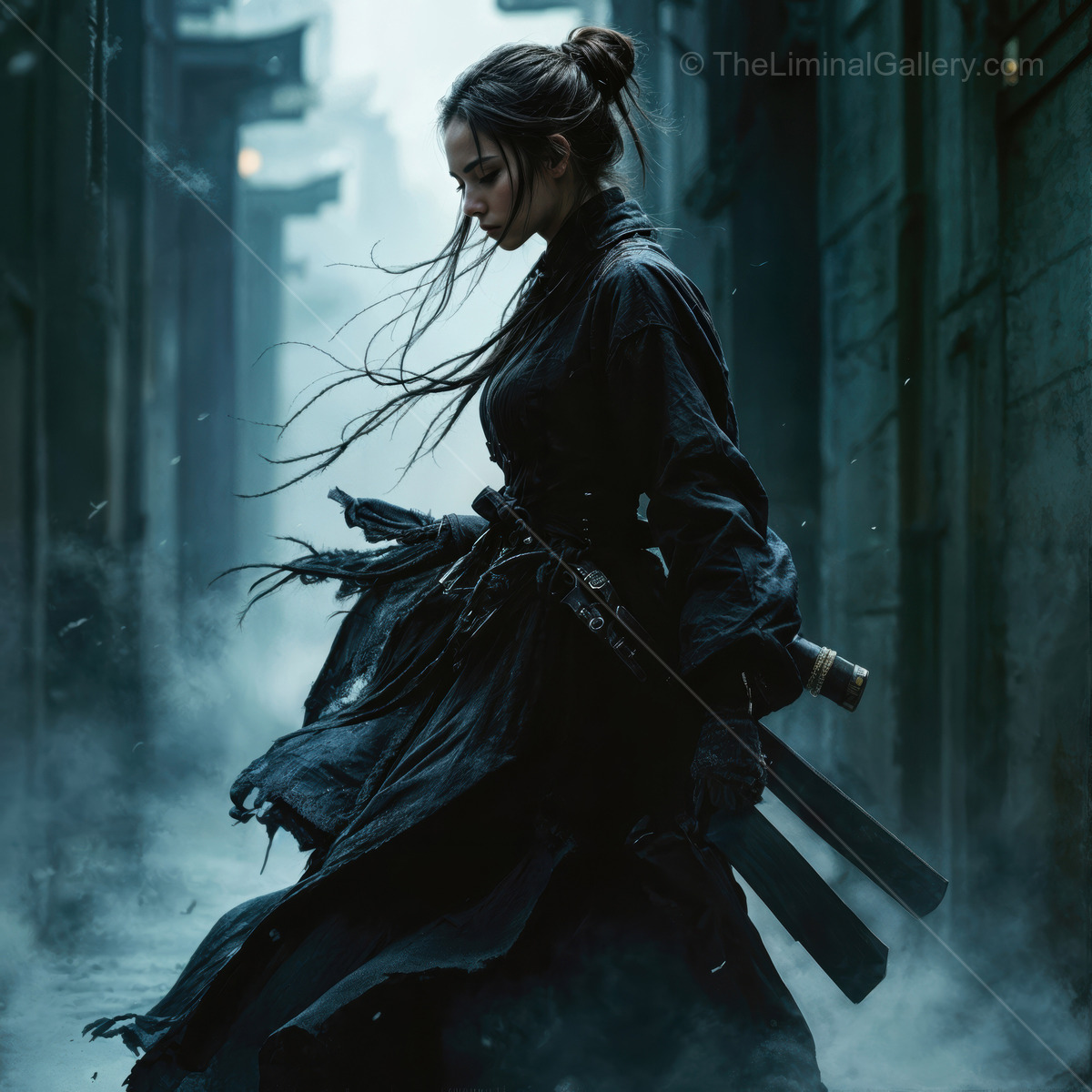 Mystical assassin standing in the foggy alley at twilight, reflecting strength and grace in a moment of calm