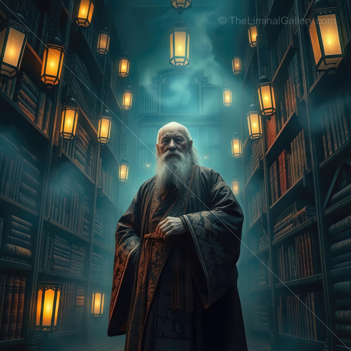 Mystical elder wizard standing in an ancient library surrounded by glowing lanterns