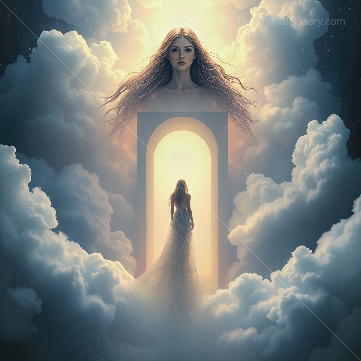 Mystical encounter beyond the clouds in a surreal dreamscape of light and shadow