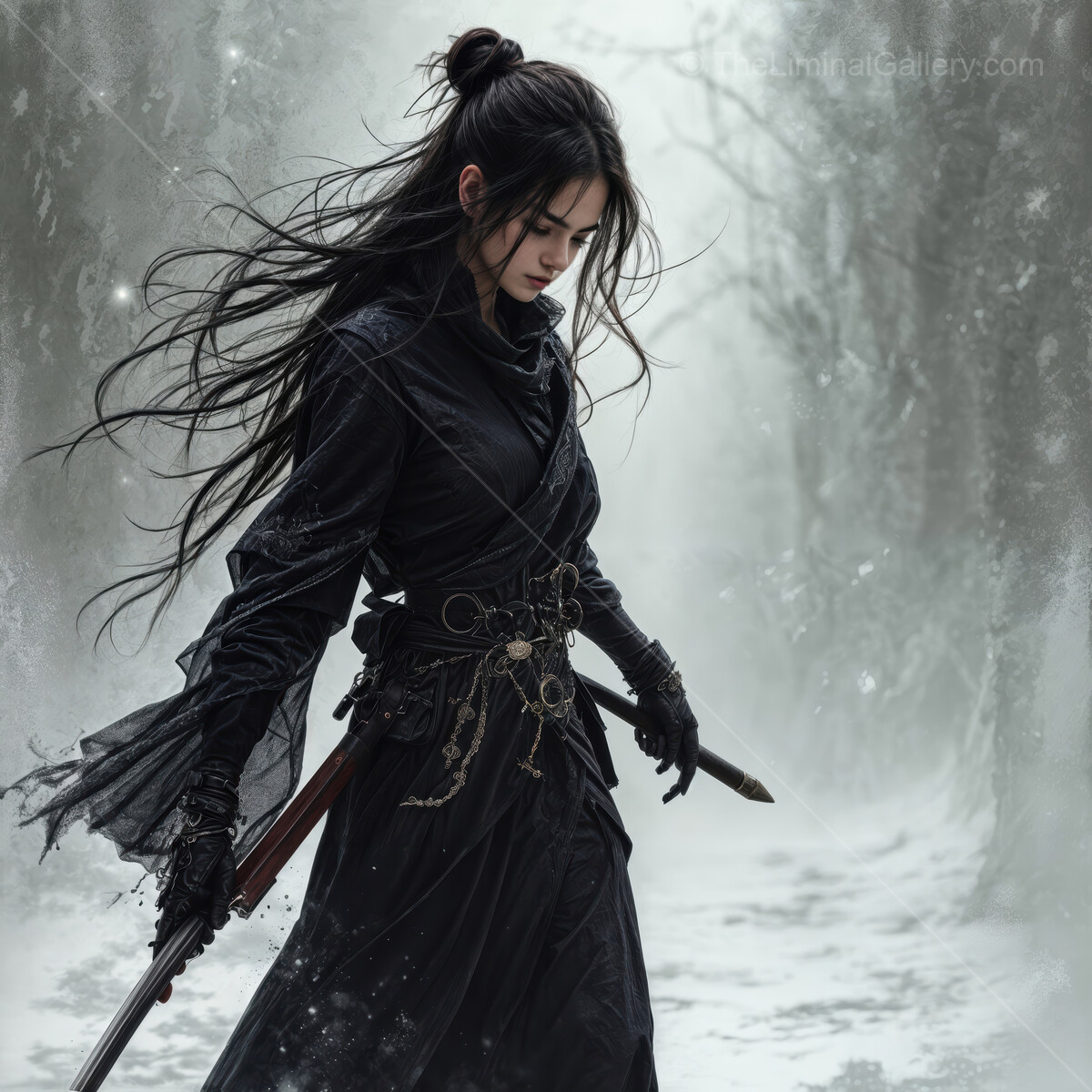 Mystical female warrior navigating through a snow-covered forest at twilight