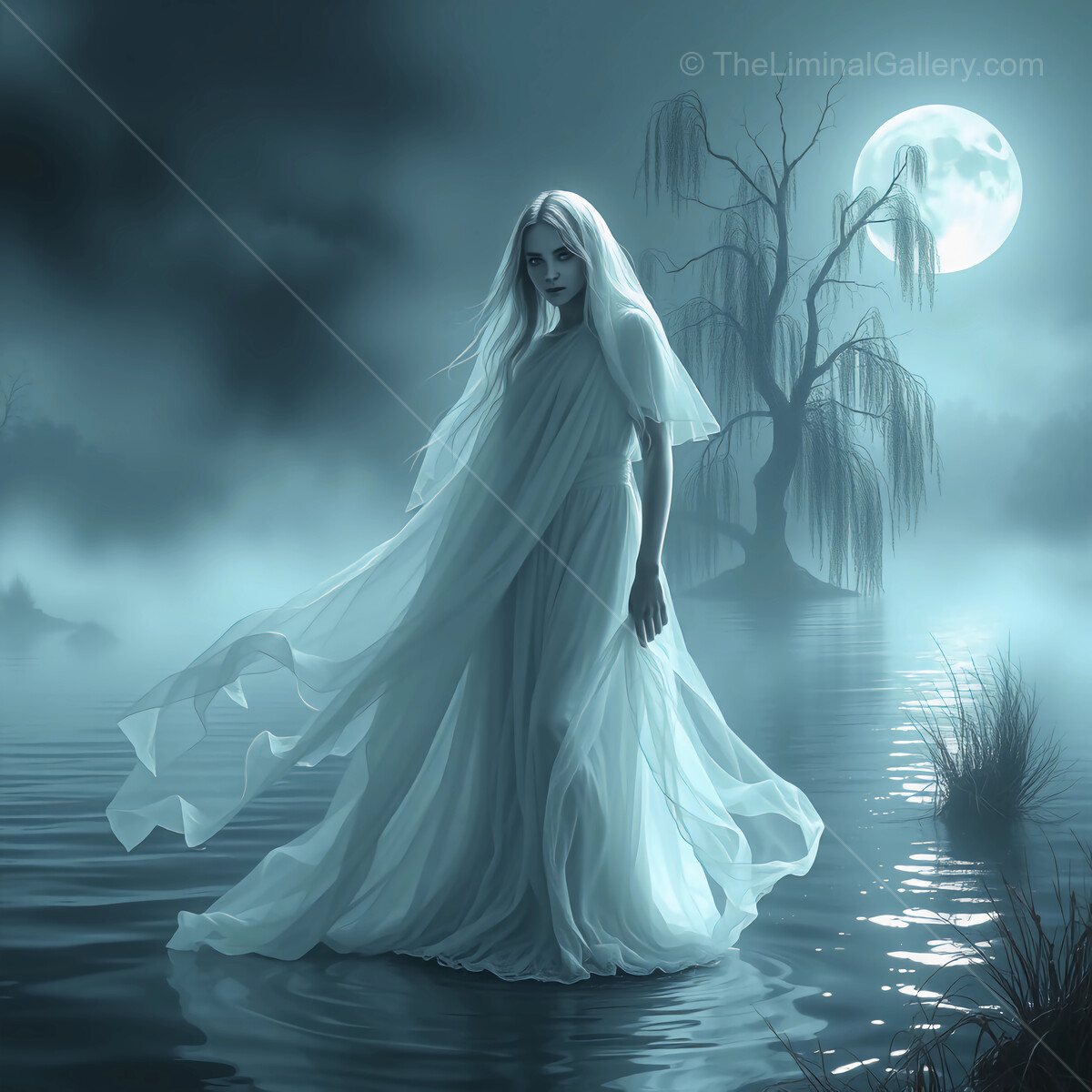 Mystical woman in flowing gown enchanted by moonlight at serene lakeside